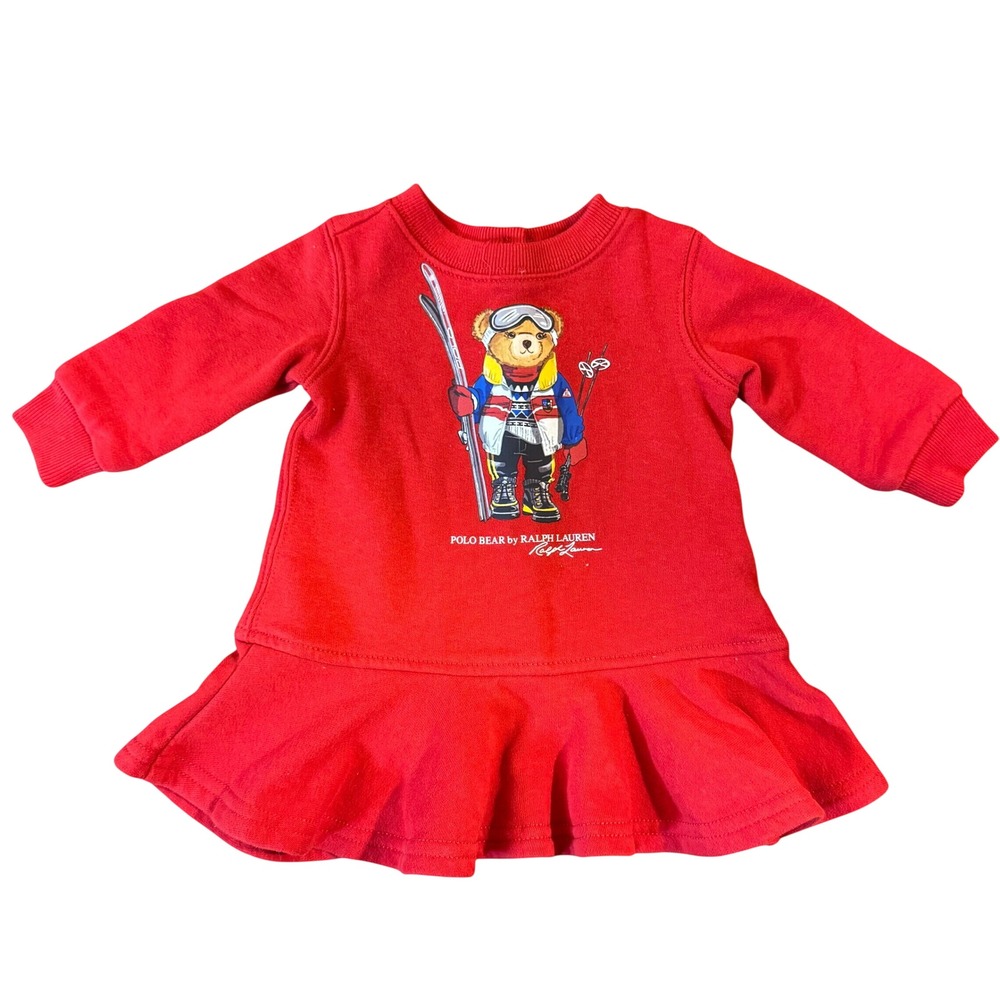 Ralph Lauren Polo Bear Fleece Dress Baby Girls 3 Months Red Ruffle Long Sleeved